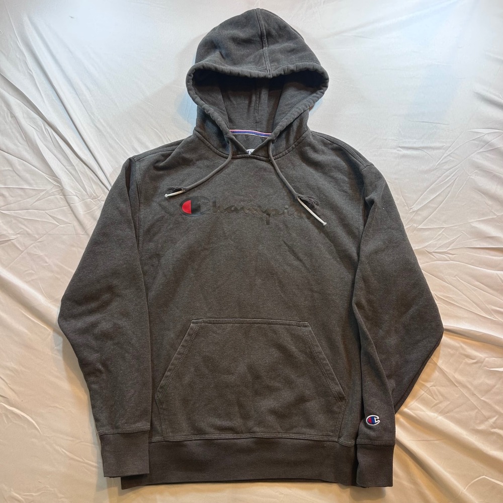 Champion Mens Pullover Hoodie Charcoal Gray Embroidered Logo Sweatshirt Size M